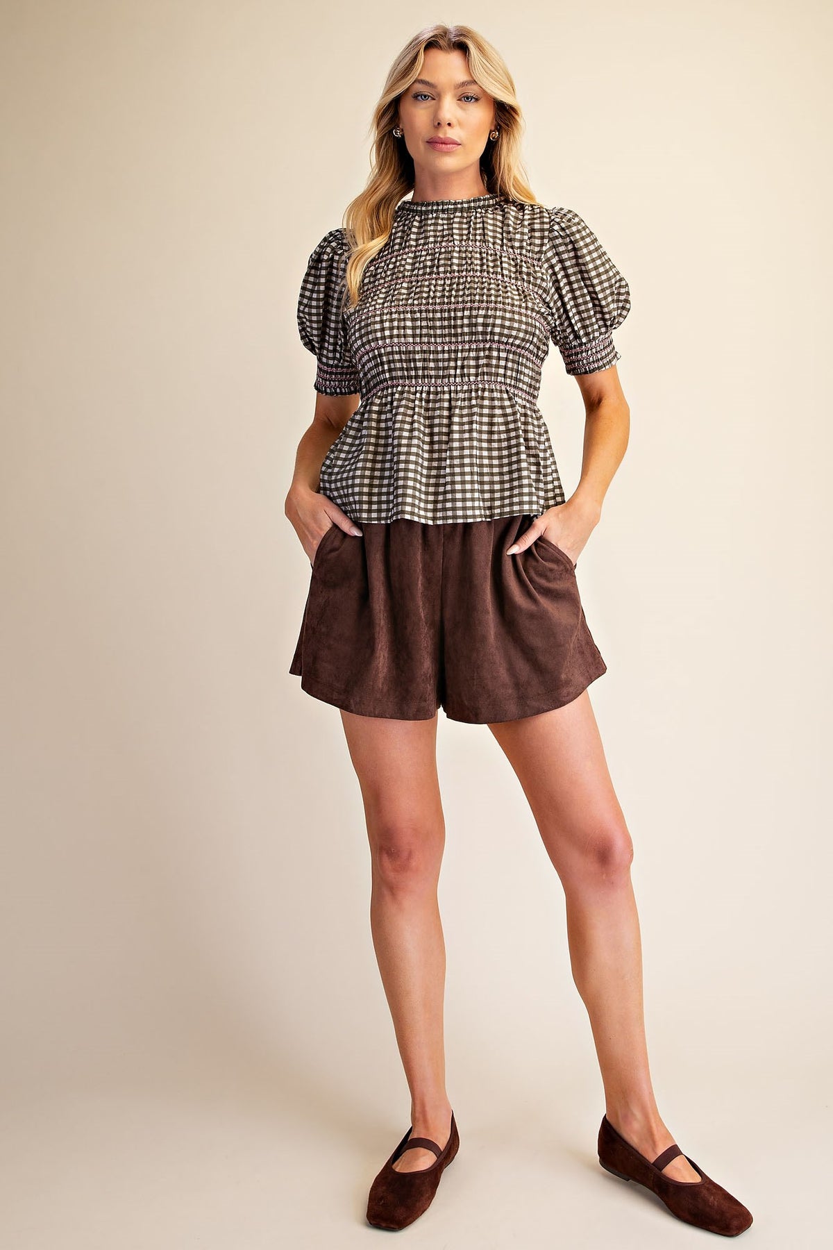 T9306 Plaid Smocked Puff Sleeve Top