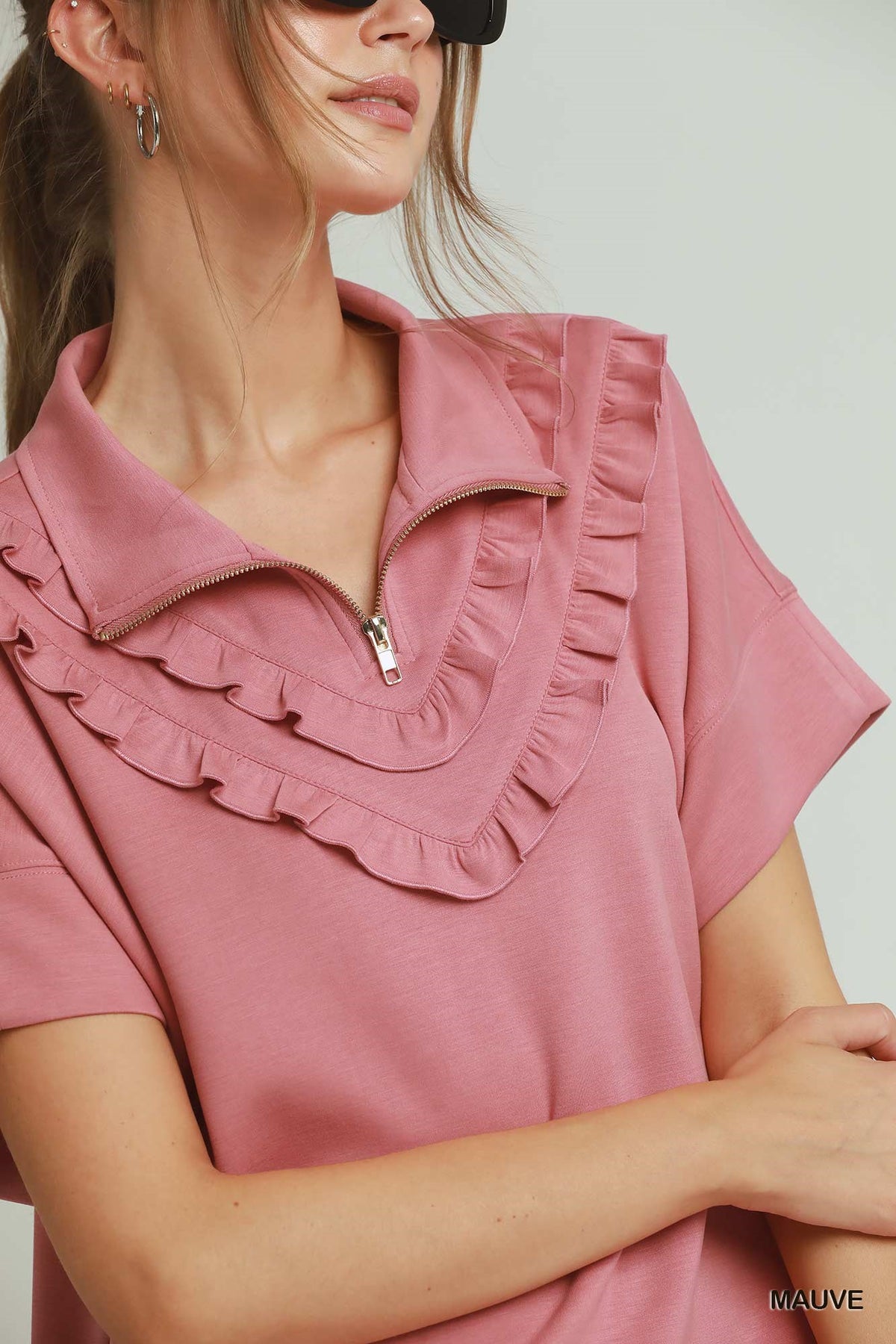 H1085-T Ruffle Quarter Zip Top