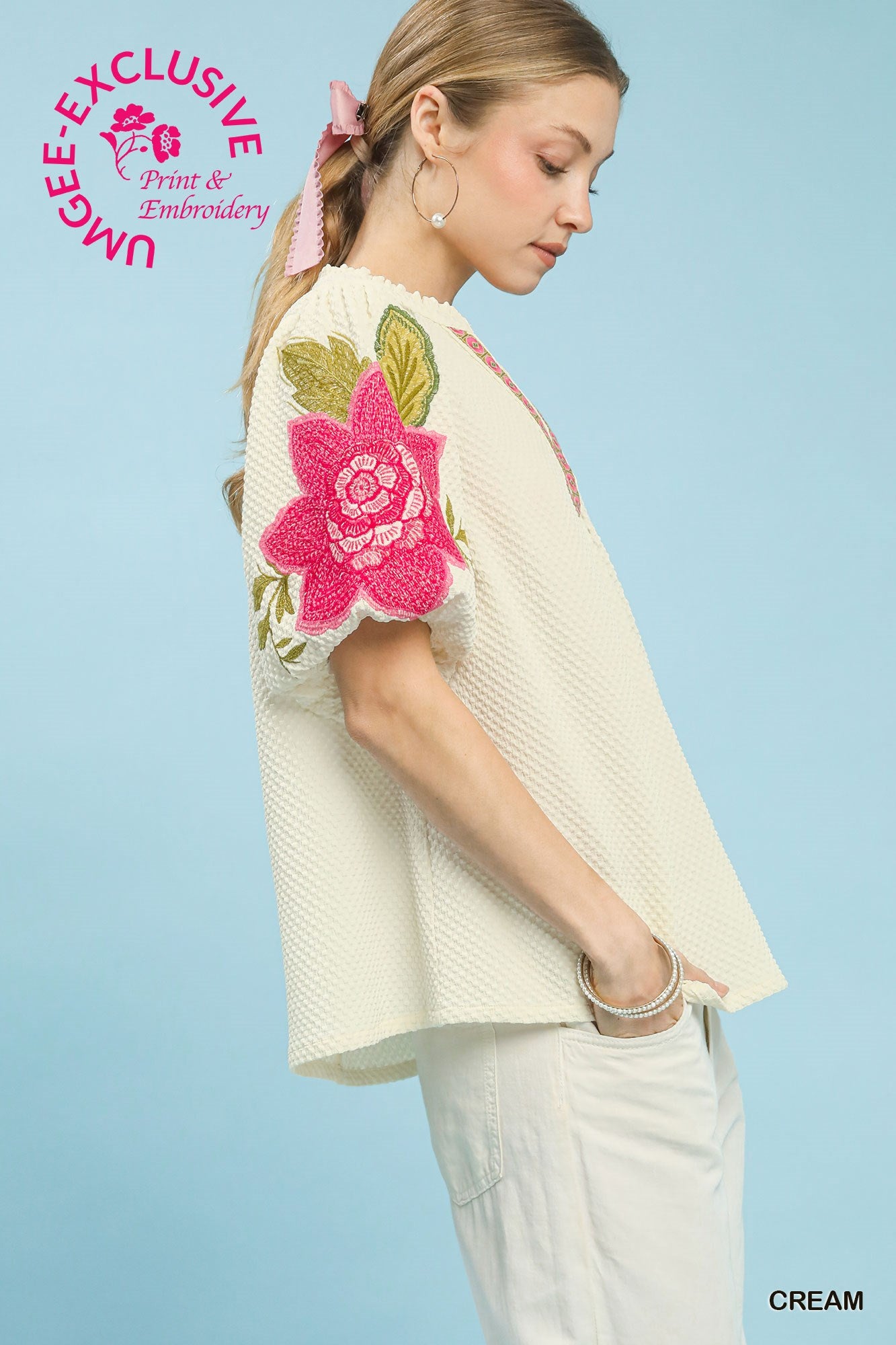 K1858 Textured Jacquard Bubble Sleeve Top