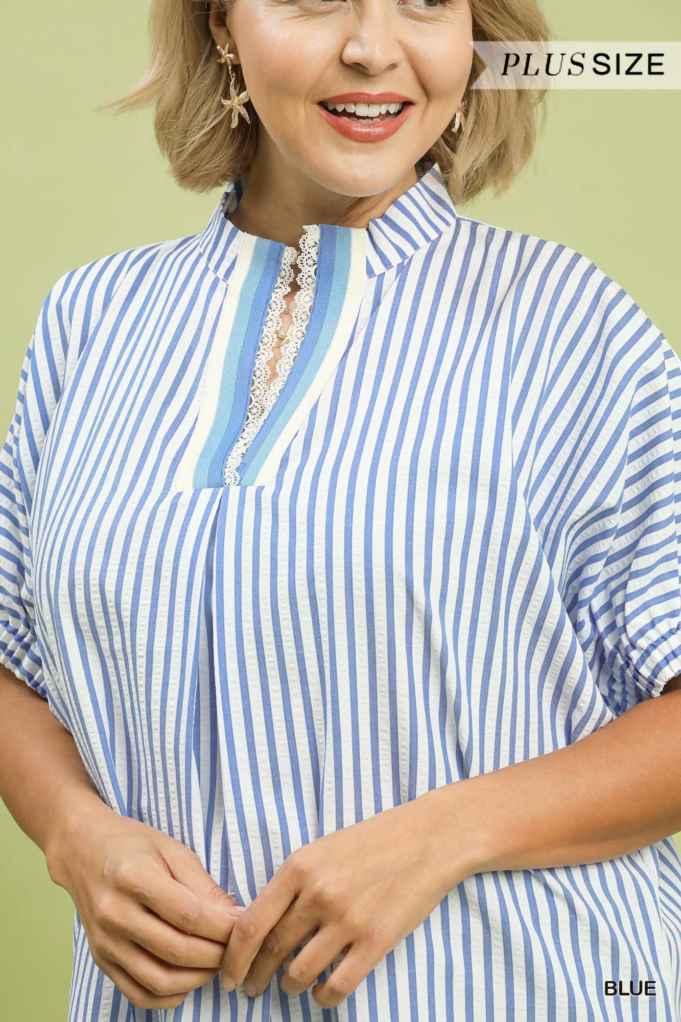 WK1773 Curvy Striped Top with Lace Trim Detail