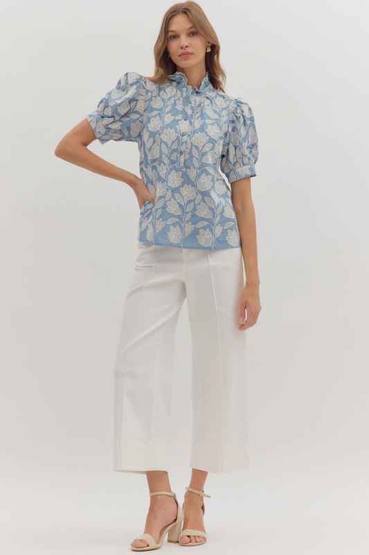 T28158 Botanical Embroidery Puff Sleeve Top