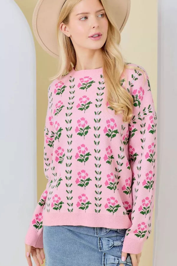 CL20865 Floral Border Jacquard Sweater