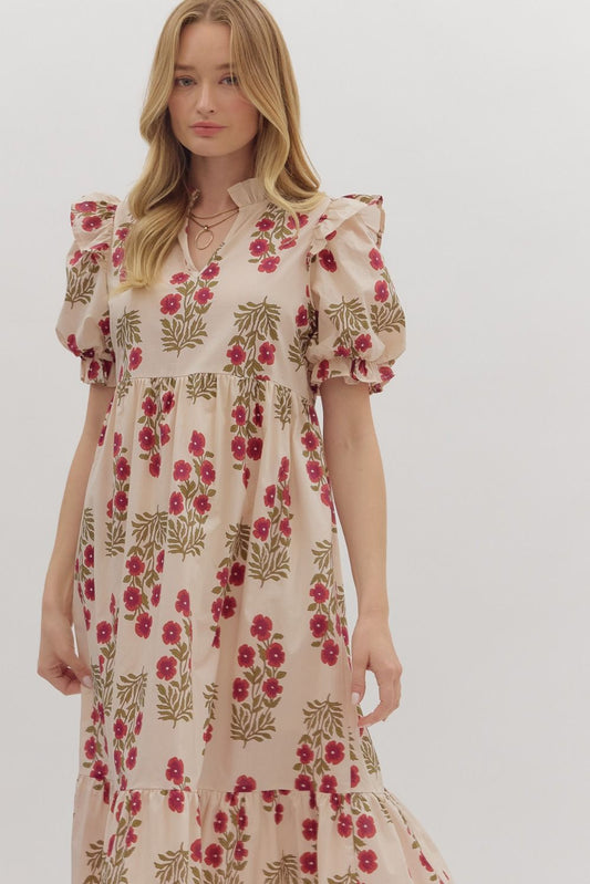 D28289 Floral Print Short Sleeve Midi Dress