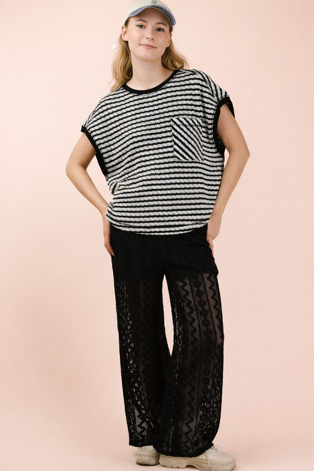 NT12605 Open Back Striped Textured Top