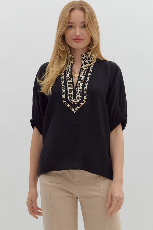 T27371 Solid Leopard Accented Top