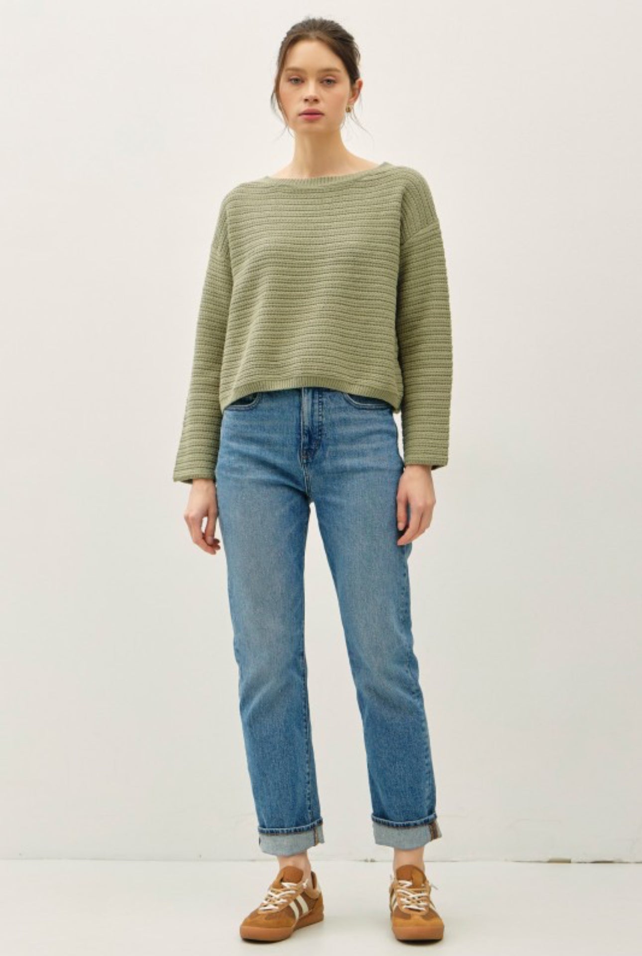 65257 Boat Neck Textured Stripe Sweater