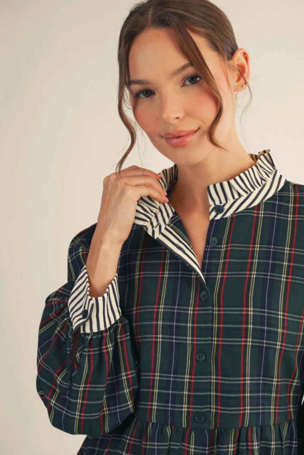 G14790 Long Sleeve Plaid Dress