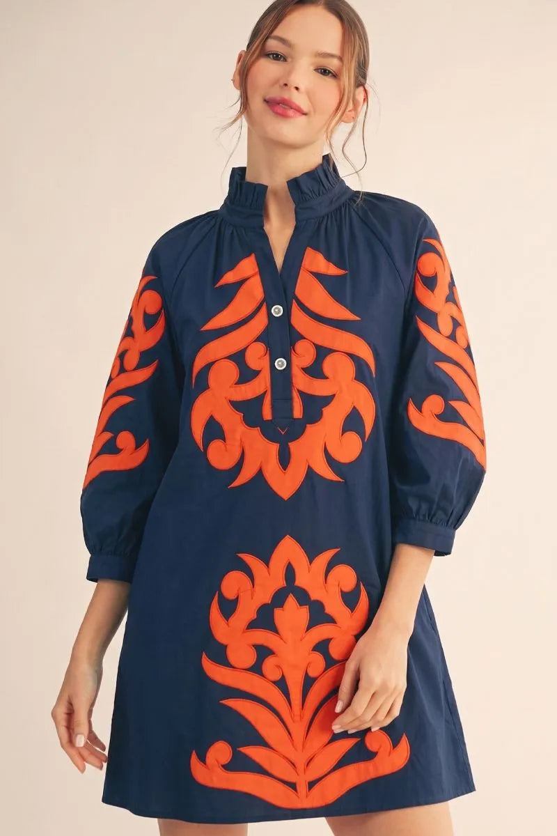 G15266 3/4 Sleeve Baroque Appliqué Dress