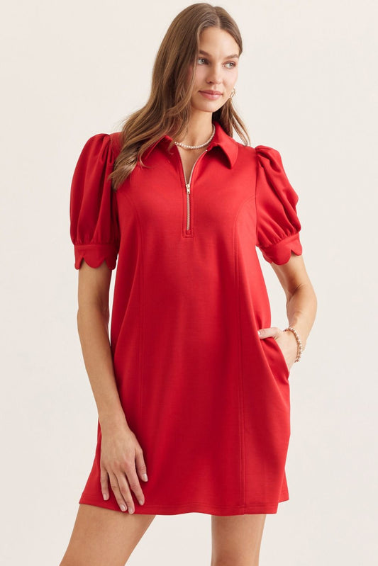 D30134 Solid Mini Dress with Scallop Details