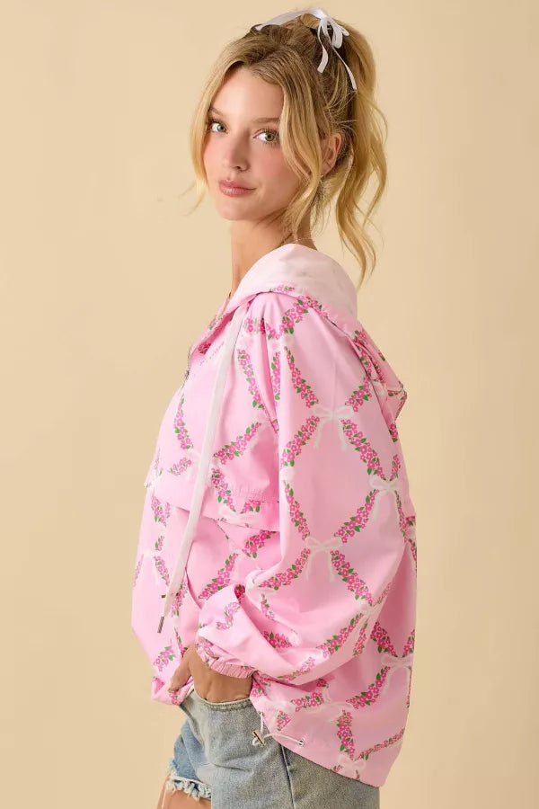 LJ61399 Coquette Ribbon and Floral Windbreaker Jacket