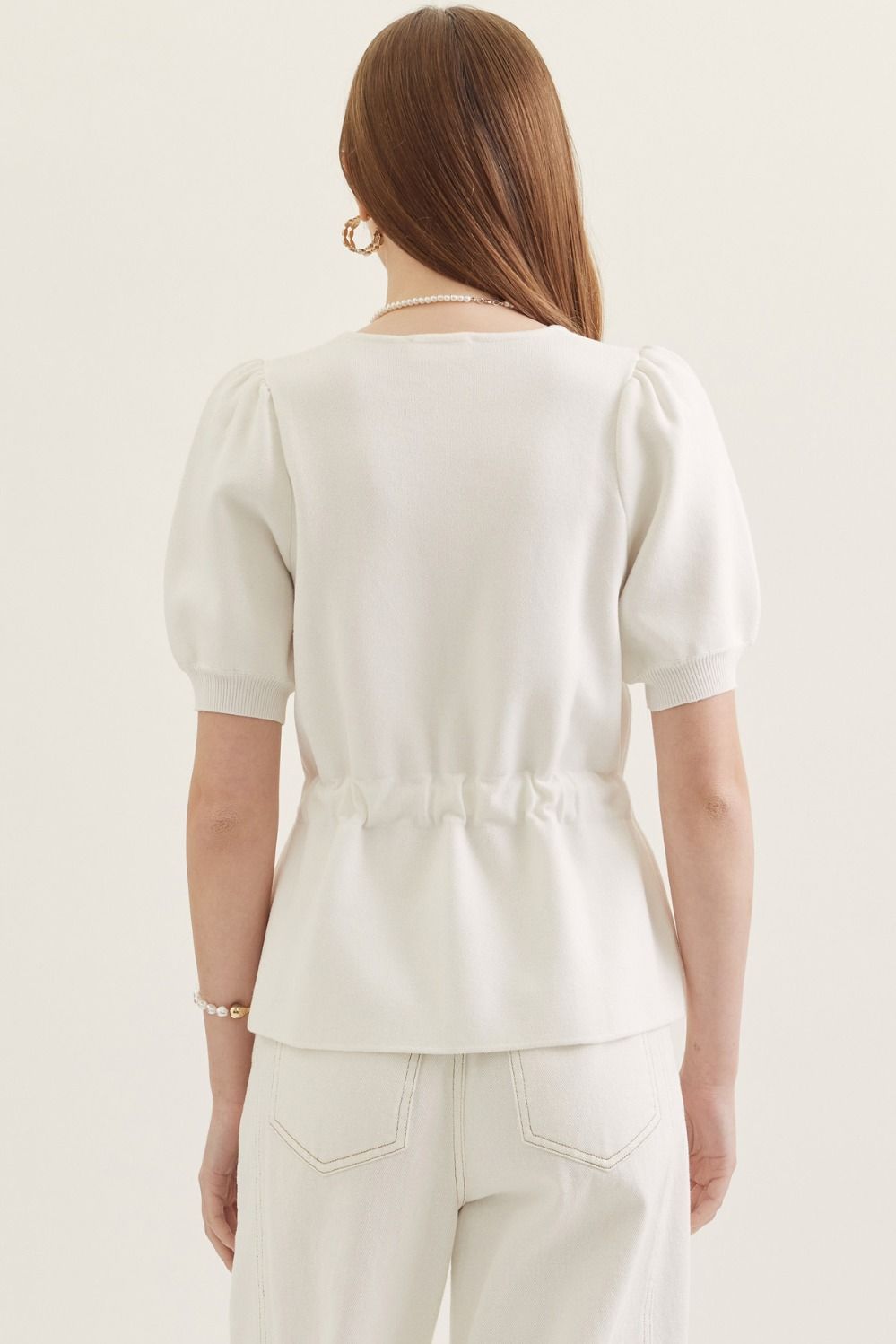 T30303 Solid Self Tie Waist Detail Top