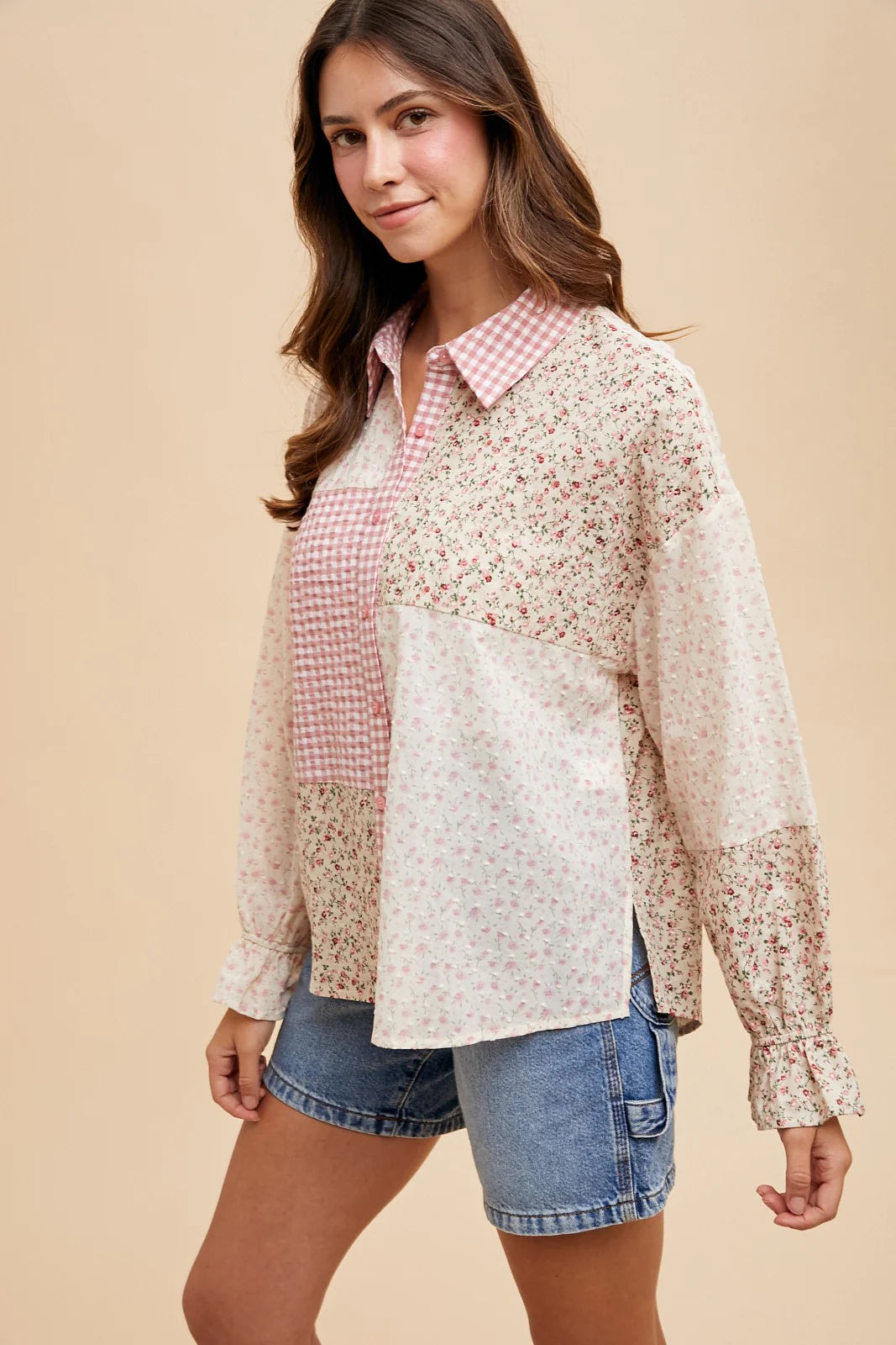 AT3070S Multi Print Colorblock Button Down Top