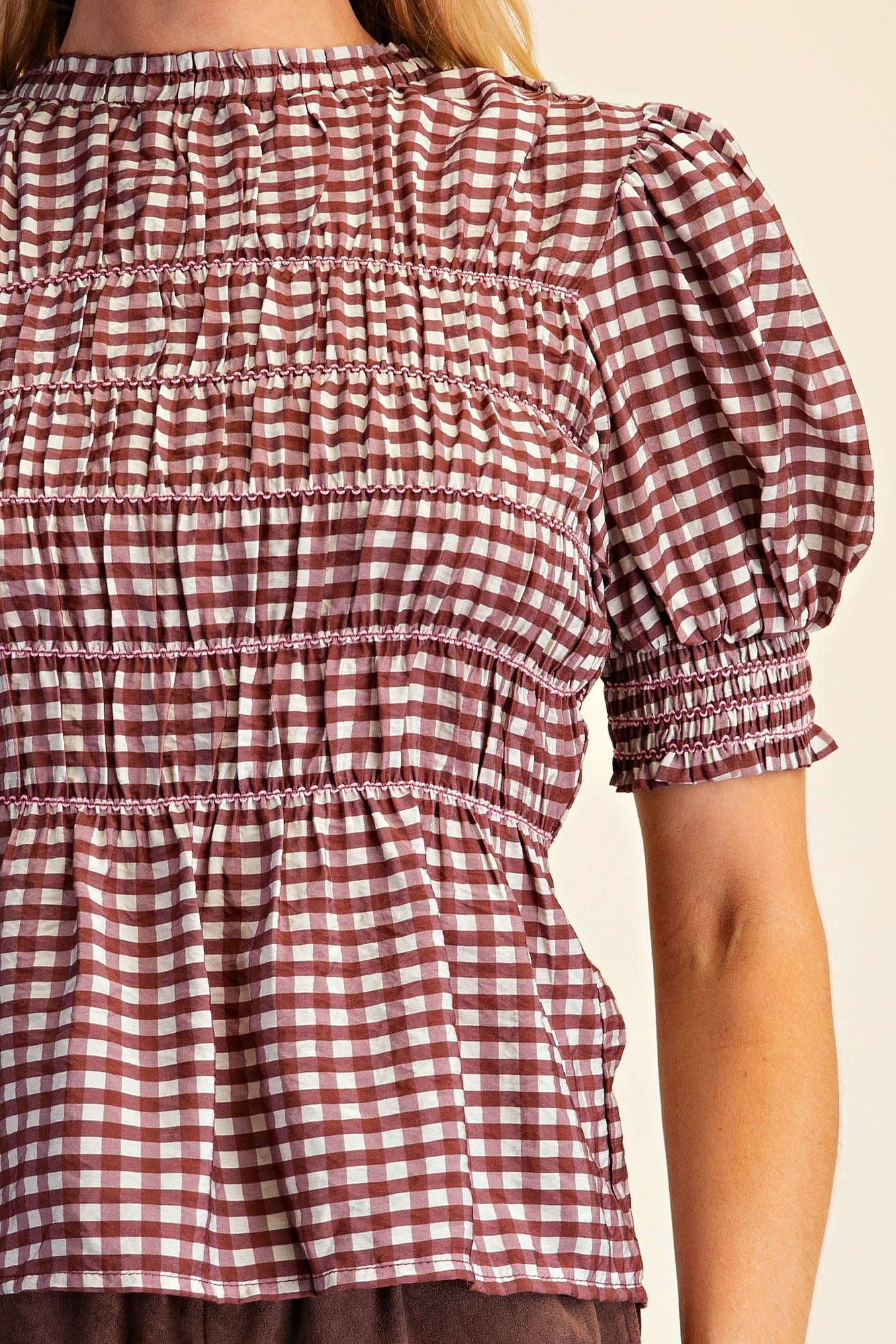 T9306 Plaid Smocked Puff Sleeve Top