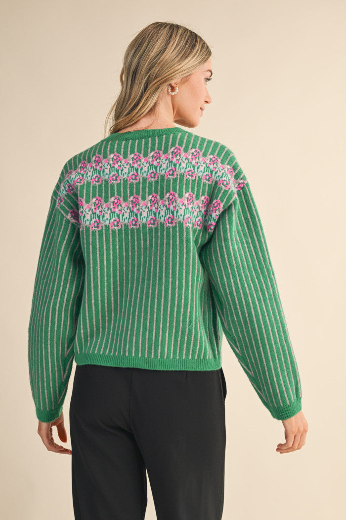 MSW11058 Striped Floral Sweater Cardigan