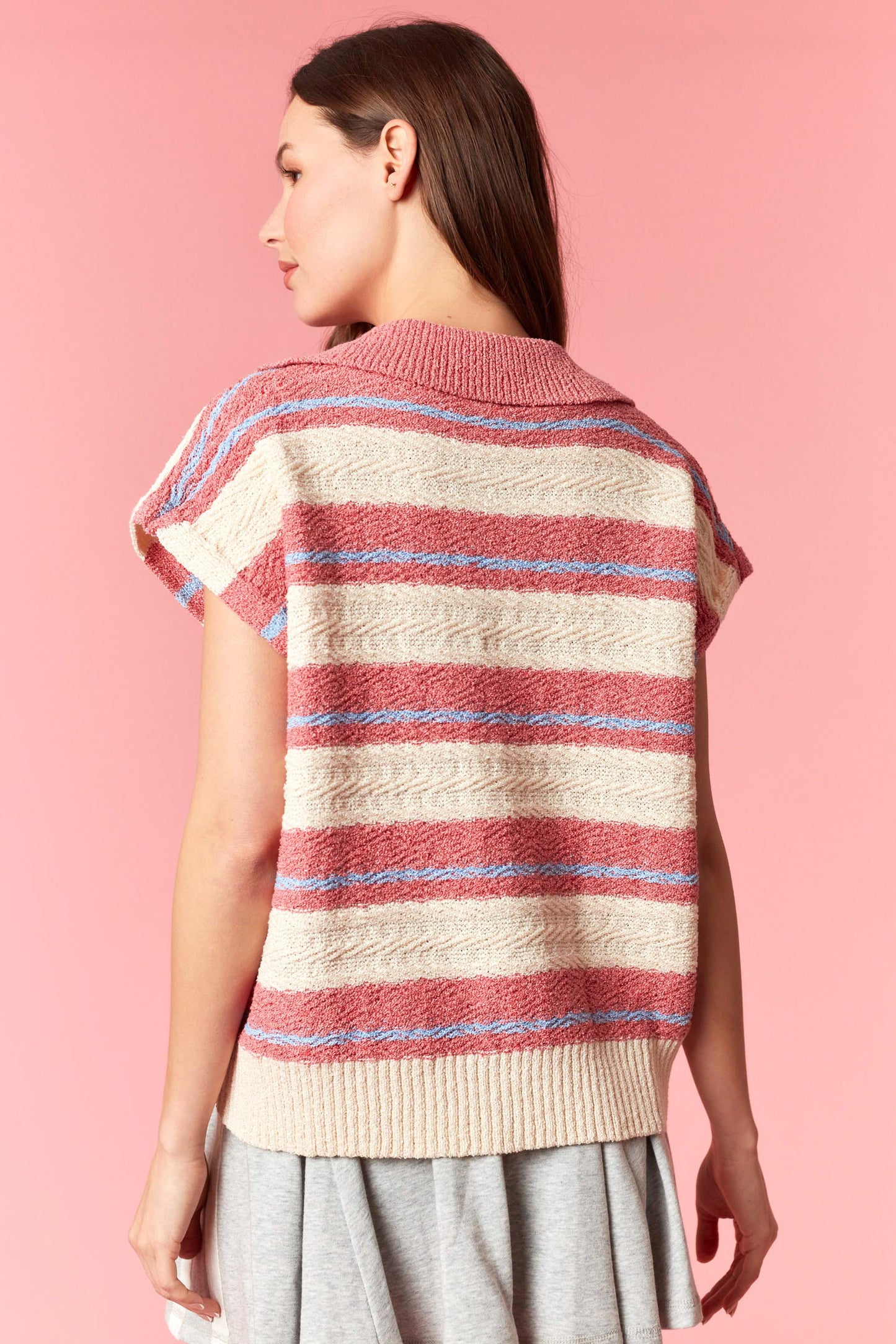 IKT200973-02 Multi Stripe Jacquard Collar Sweater Top