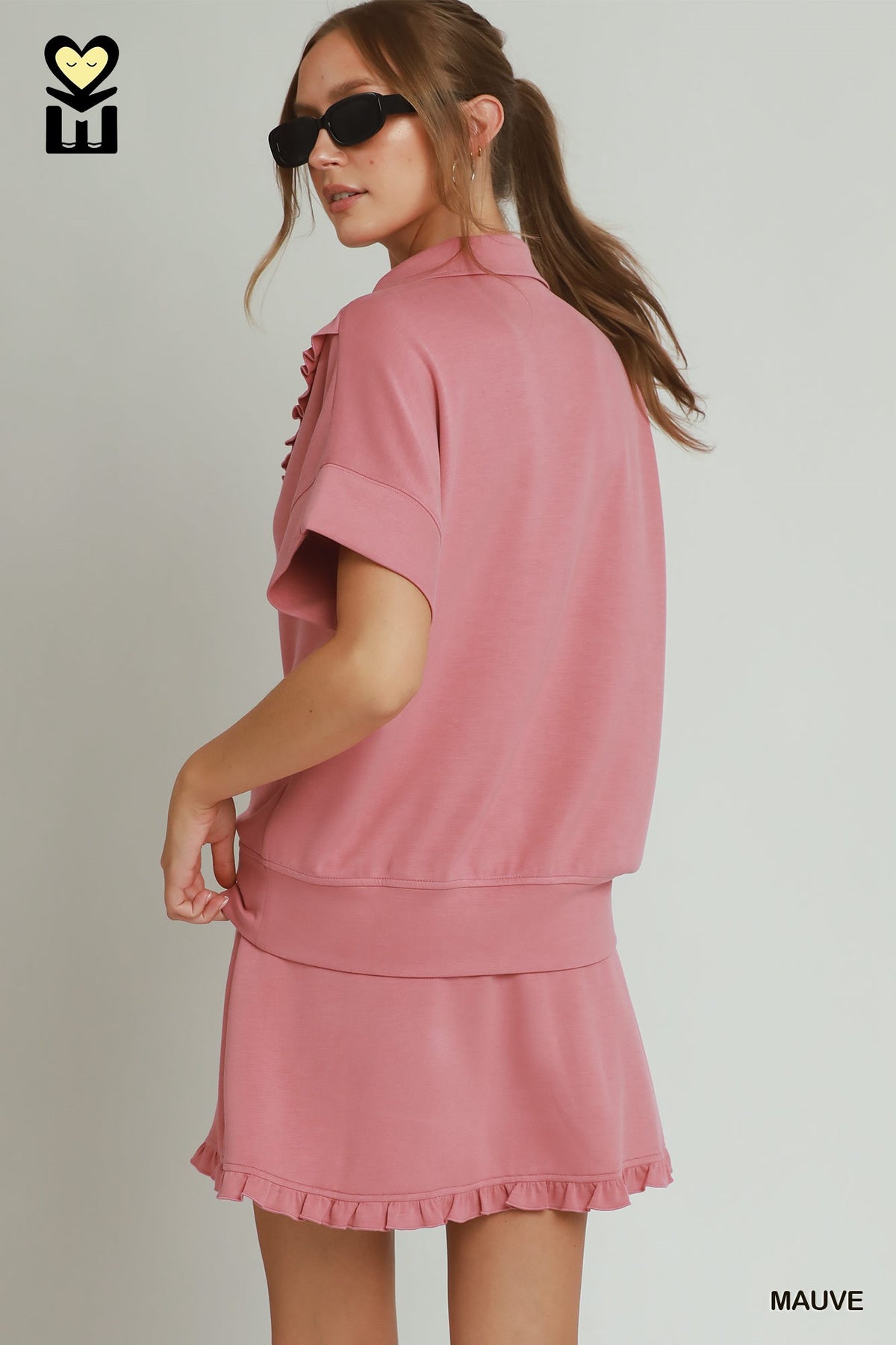 H1085-T Ruffle Quarter Zip Top