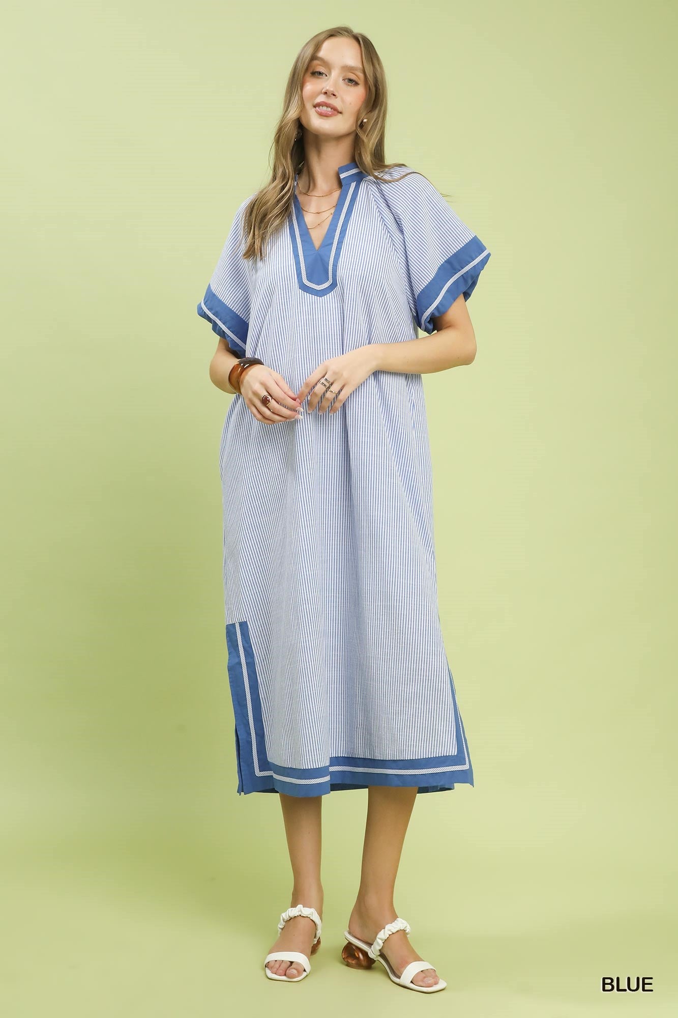 K2097 Pinstripe Contrast Trim Midi Dress