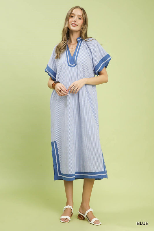 K2097 Pinstripe Contrast Trim Midi Dress