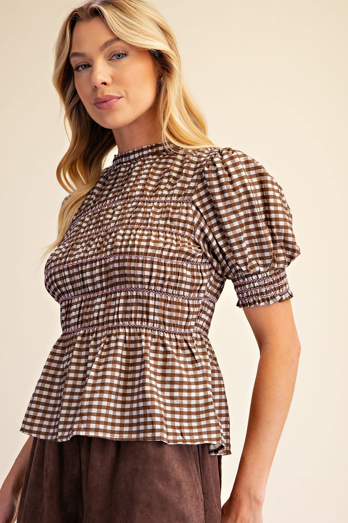 T9306 Plaid Smocked Puff Sleeve Top