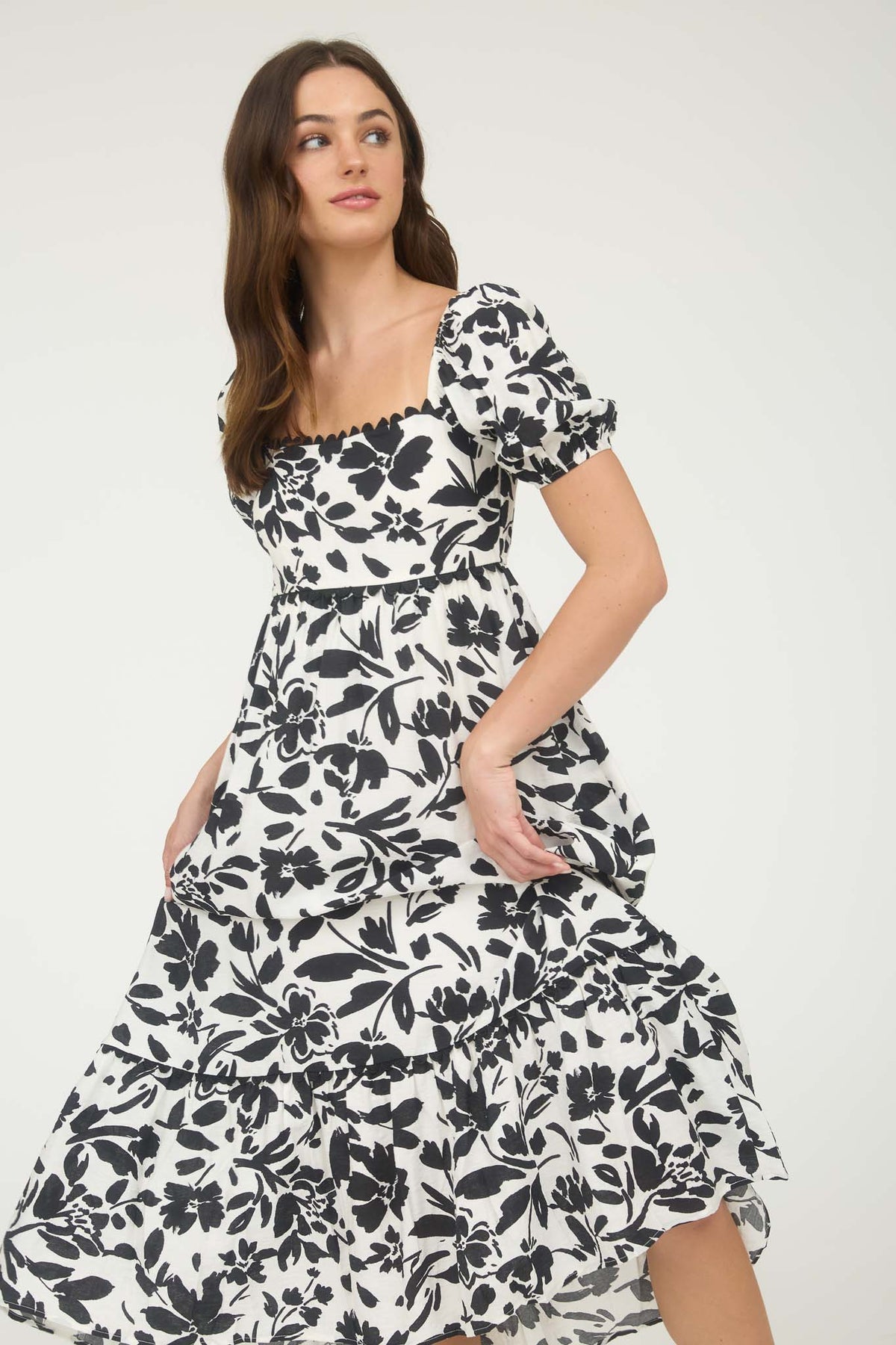 CR2559 Floral Puff Sleeve Midi Dress