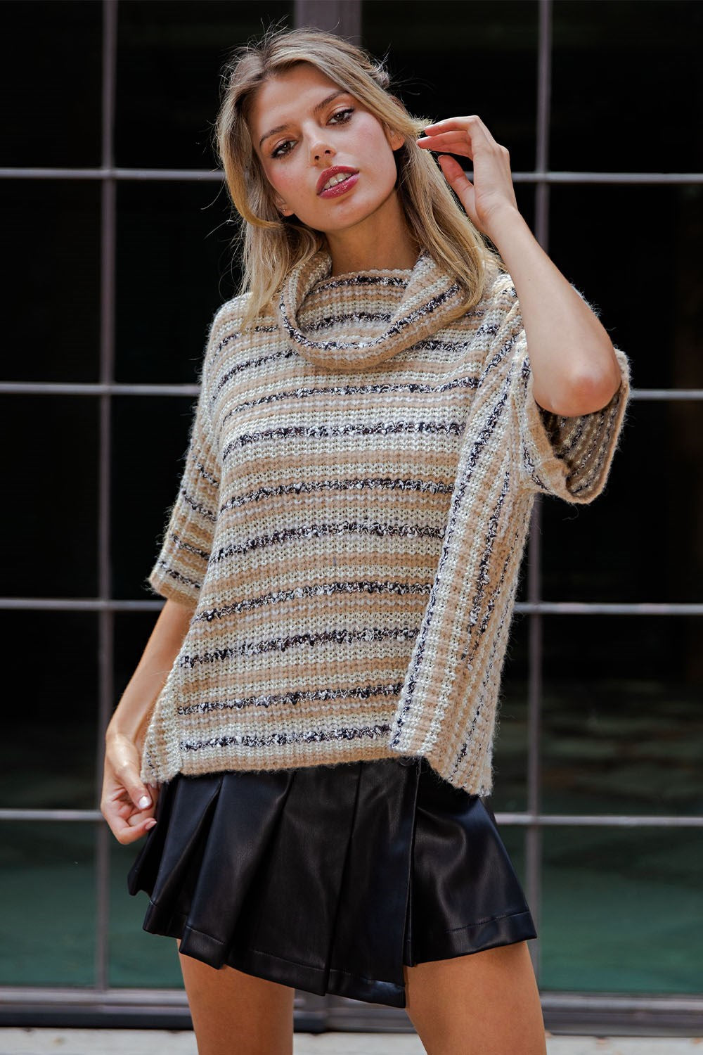 SH12980 Striped Boucle Turtleneck Sweater