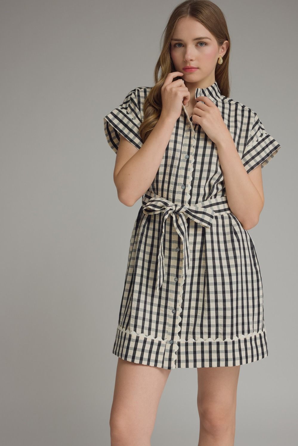 D31665 Gingham Collared Mini Dress