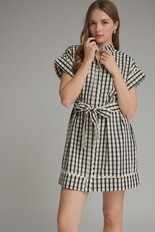D31665 Gingham Collared Mini Dress