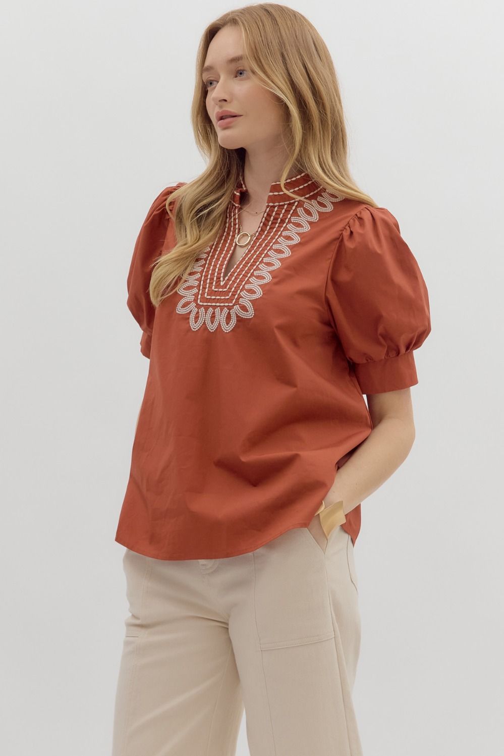 T27464 Solid Puff Sleeve Top