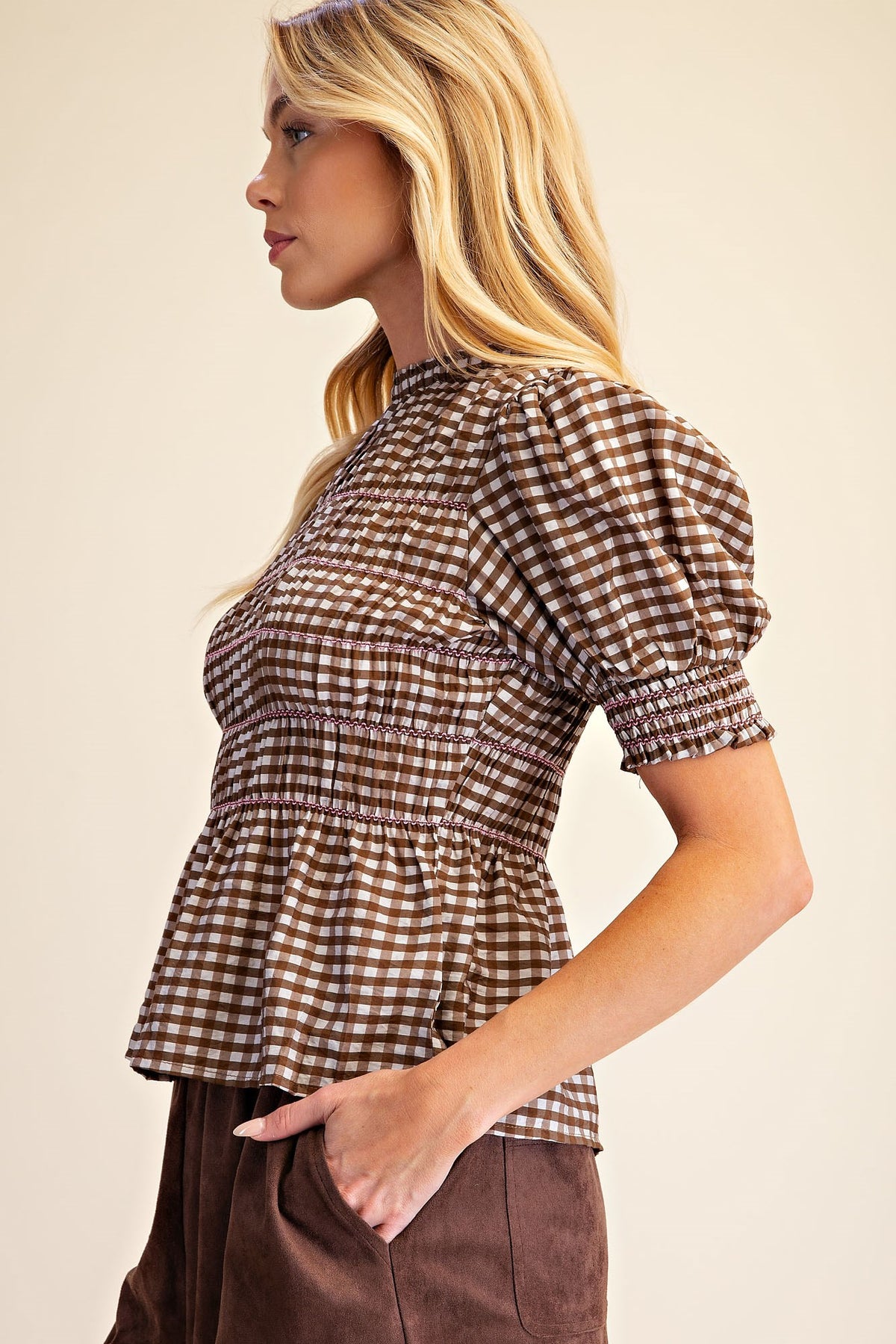 T9306 Plaid Smocked Puff Sleeve Top