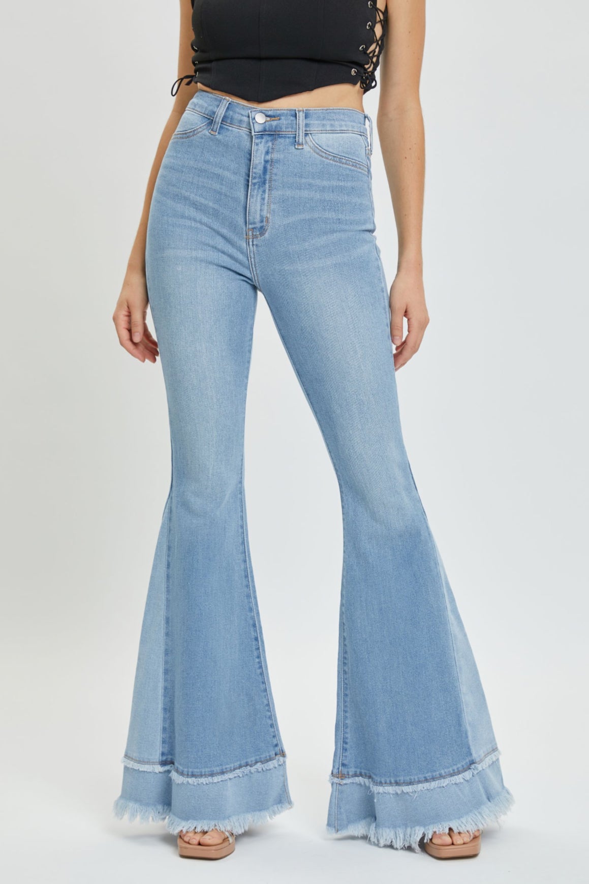WV38069LT High Rise Fray Hem Super Flare Jeans