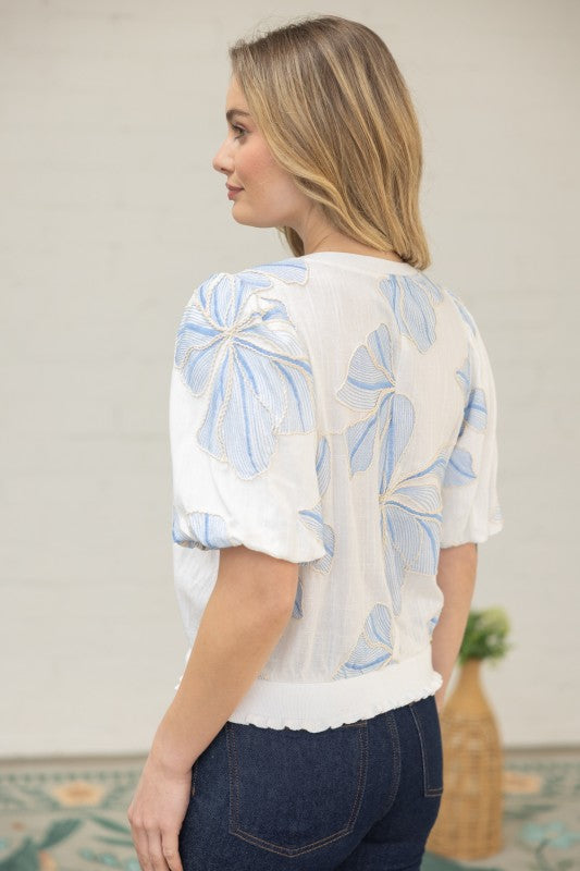 36711 Contrast Band Detailed Floral Embroidery Top