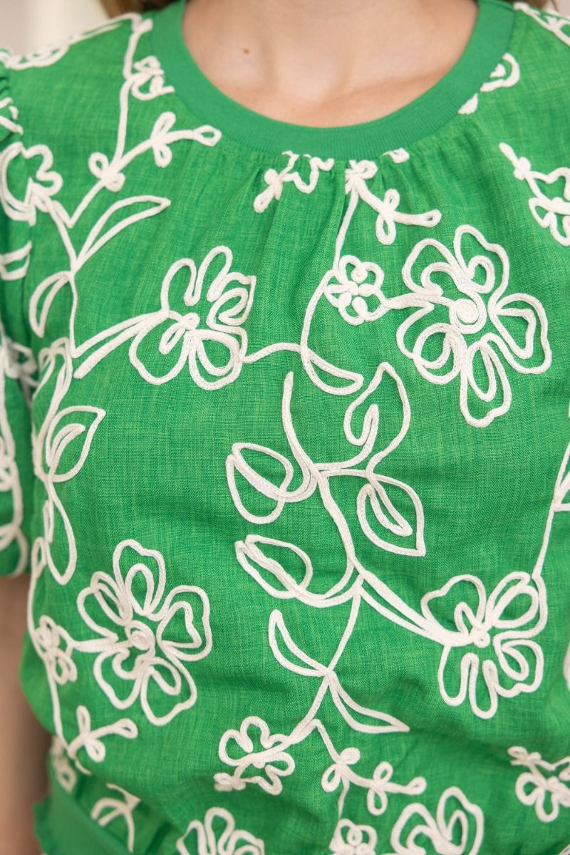 35867 Floral Embroidered Short Bubble Sleeve Top