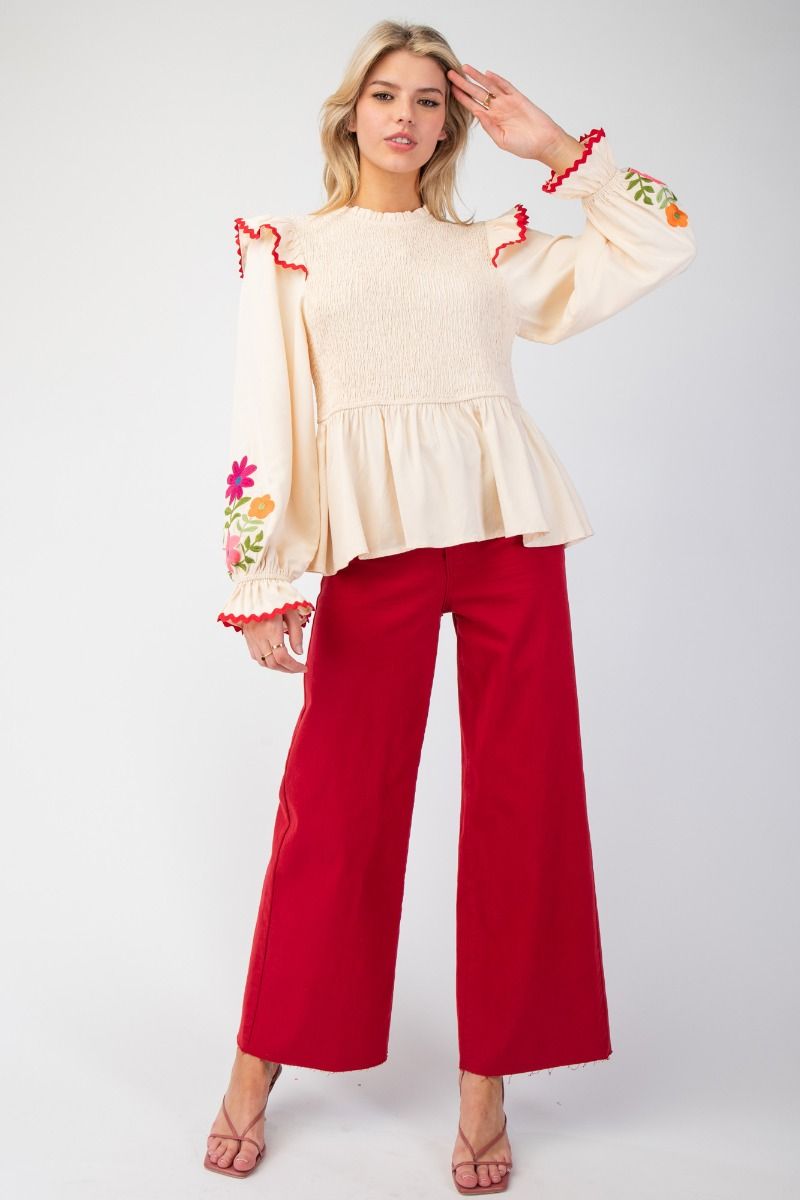 ET71136 Smocked Bodice Peplum Top