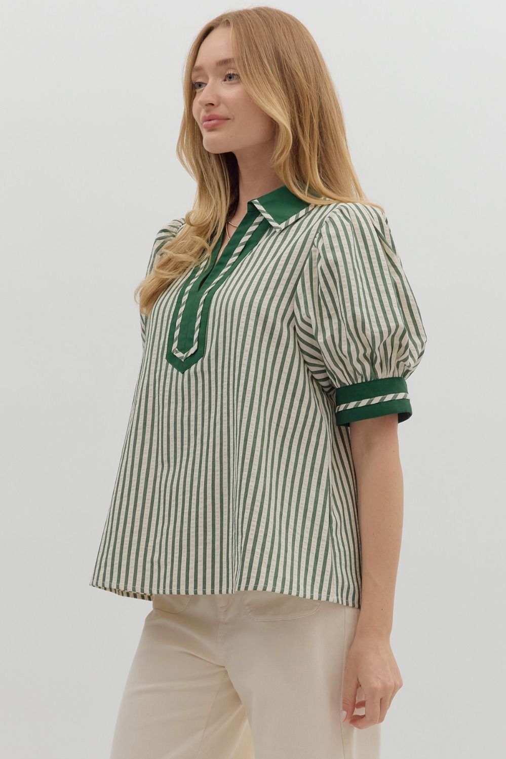 T27102 Stripe Pattern Puff Sleeve Top