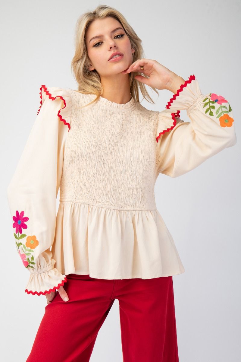 ET71136 Smocked Bodice Peplum Top