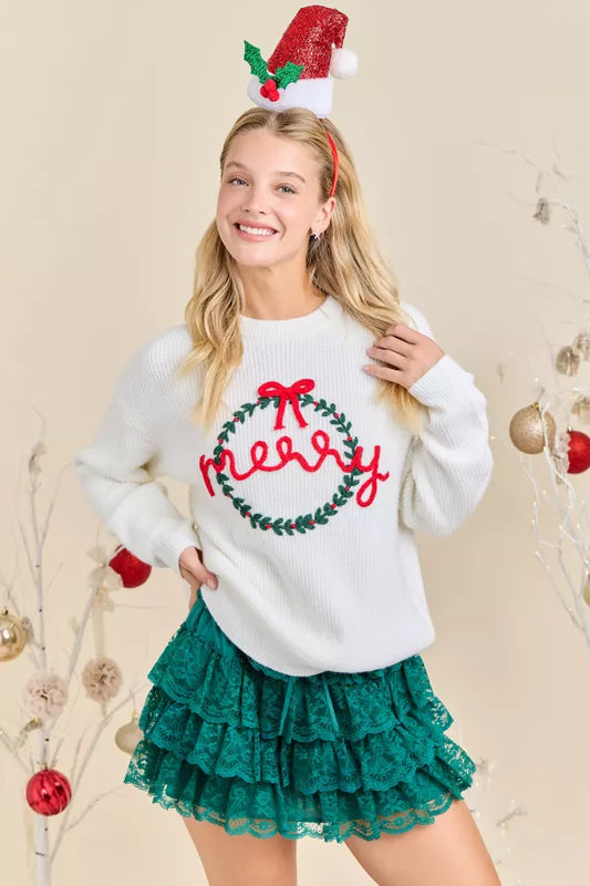 CL21050 Merry Embroidered Wreath Sweater