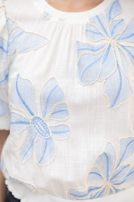 36711 Contrast Band Detailed Floral Embroidery Top
