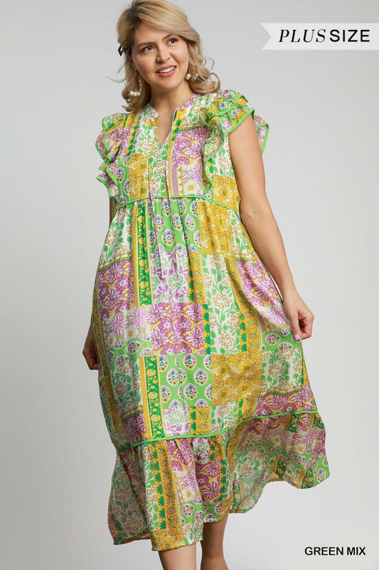 WK9665 Curvy Patchwork Print Midi Dress