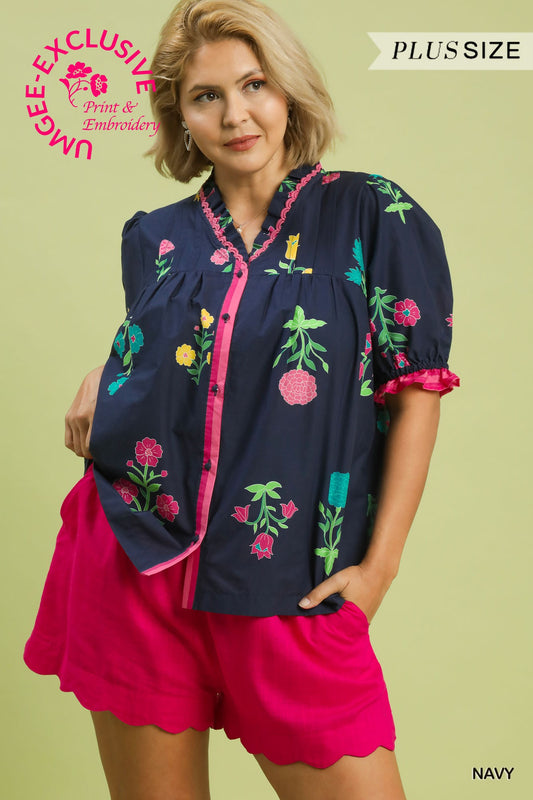 WK1468 Curvy Petal Parade Printed Top