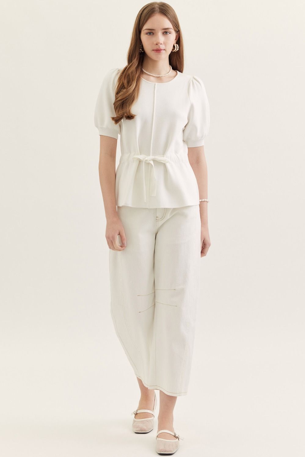 T30303 Solid Self Tie Waist Detail Top