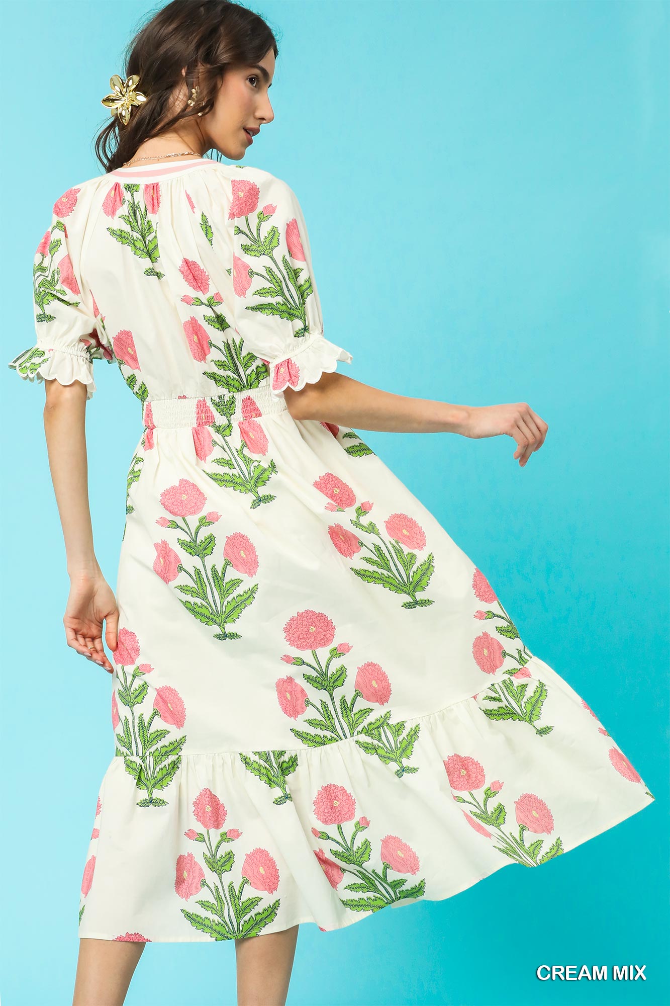 C4849 Floral Smocked Midi Dress