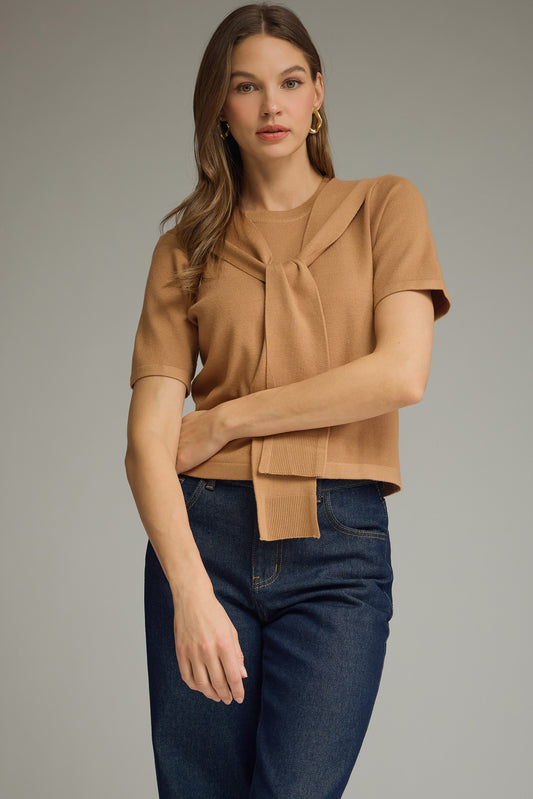 T32085 Solid Sweater Top with Sweater Tie Detail