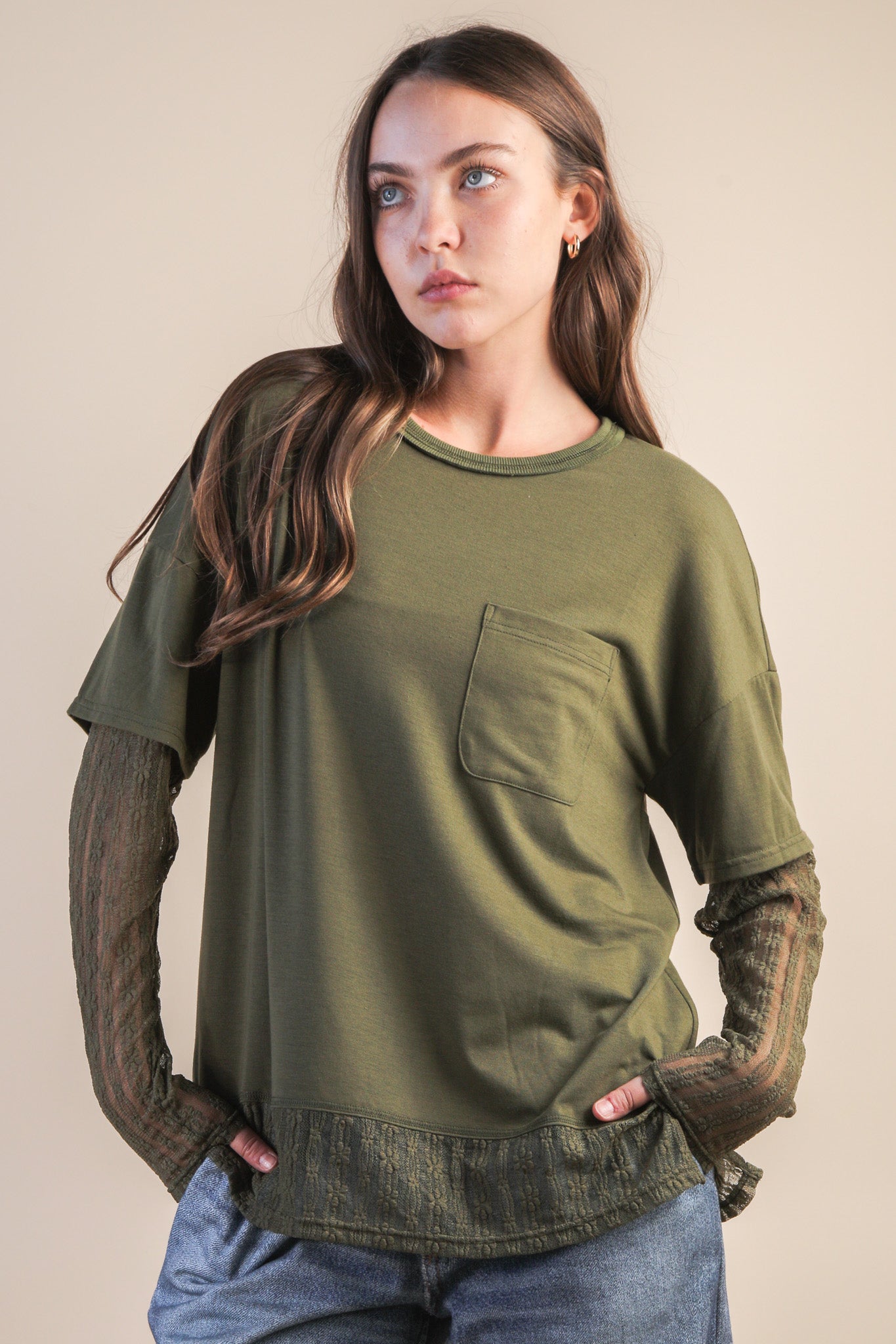 NT12351 Oversized Knit Top with Lace