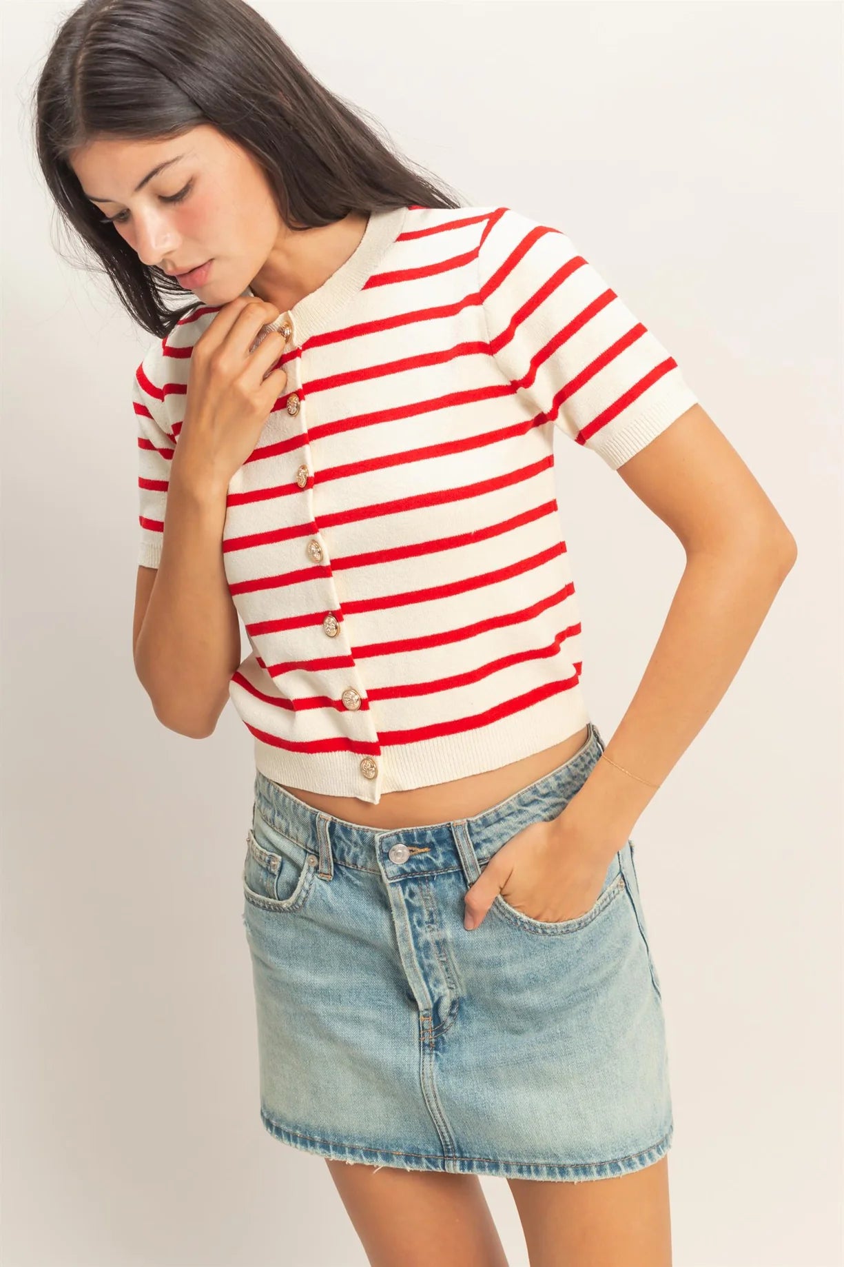 DZ26A604 Striped Short Sleeve Cardigan