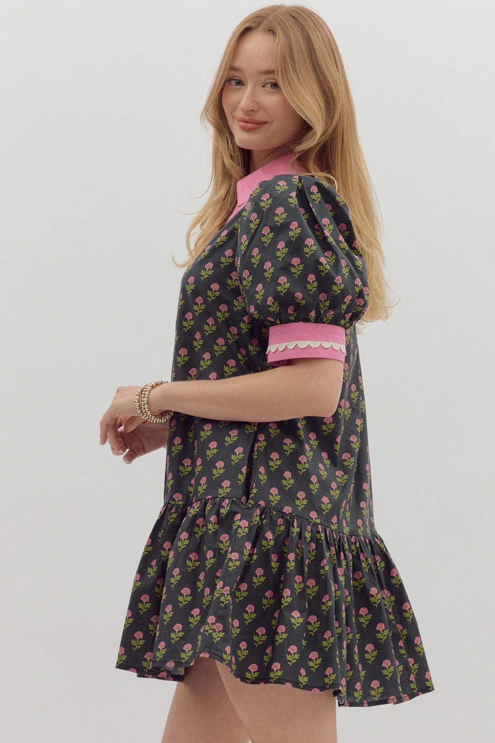D27511 Floral Print Bubble Sleeve Dress