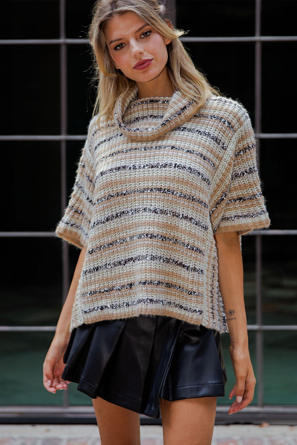 SH12980 Striped Boucle Turtleneck Sweater