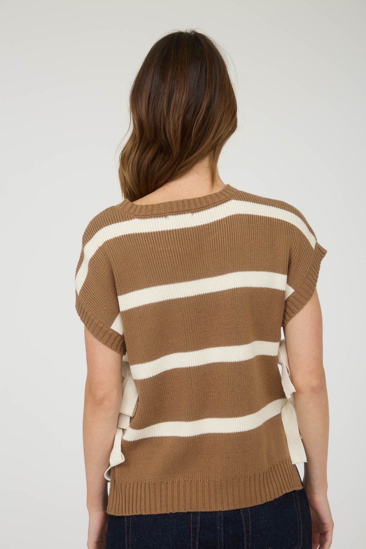CR2704 Stripe Side Tie Short Sleeve Sweater