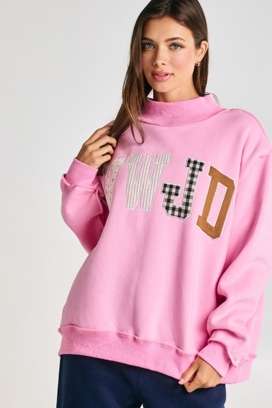 WWJD Embroidered Mock Neck Sweatshirt