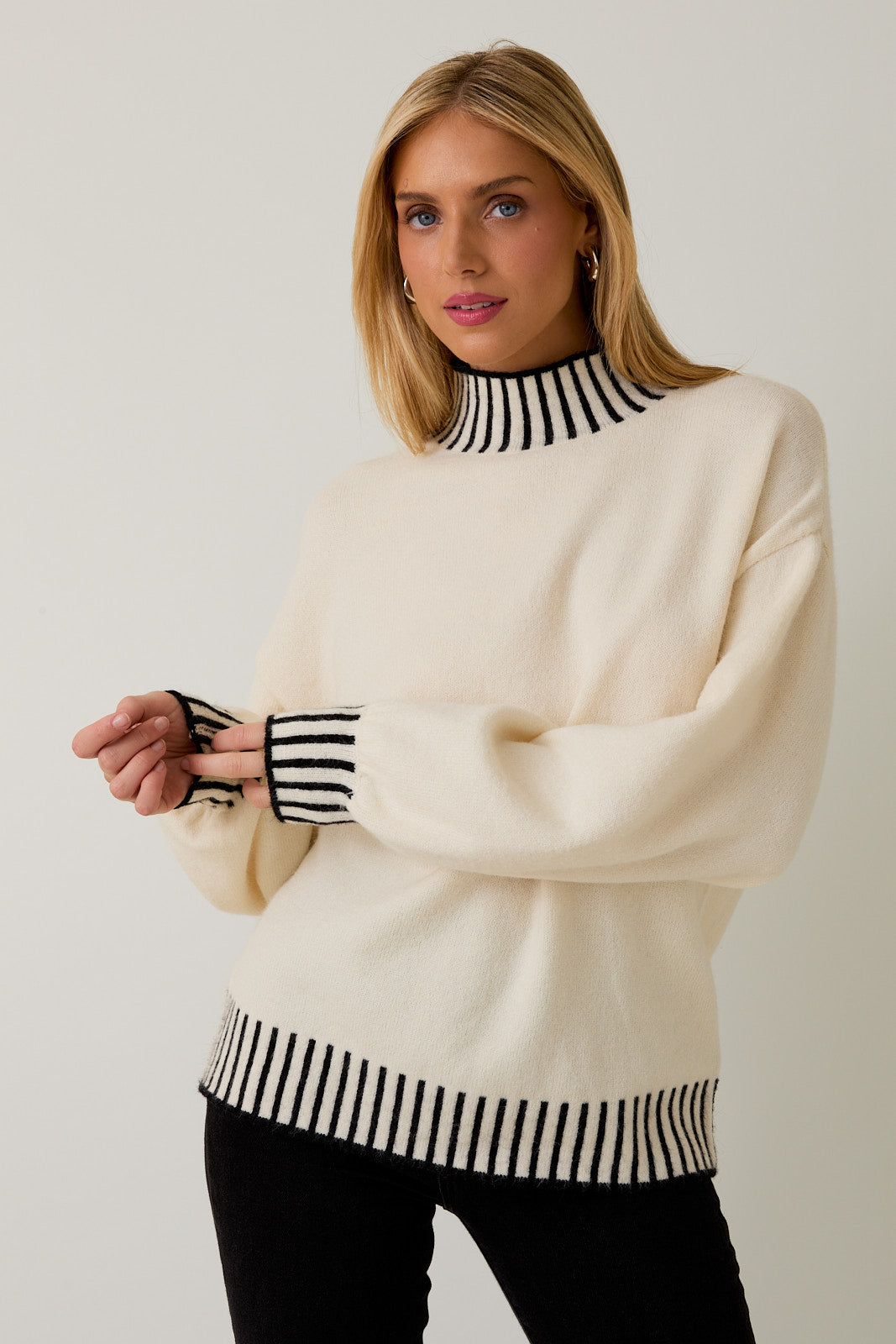 MWT7233E Mock Neck Stitch Featured Sweater Top