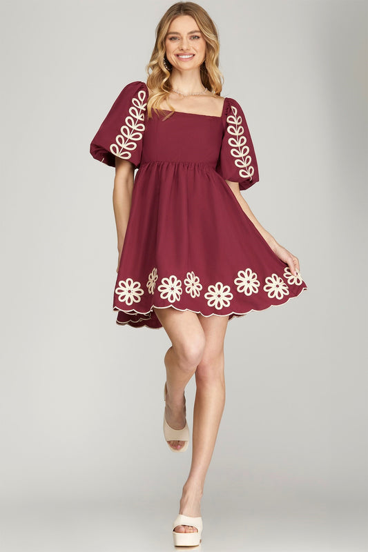 SY7250 Puff Sleeve Embroidered Dress